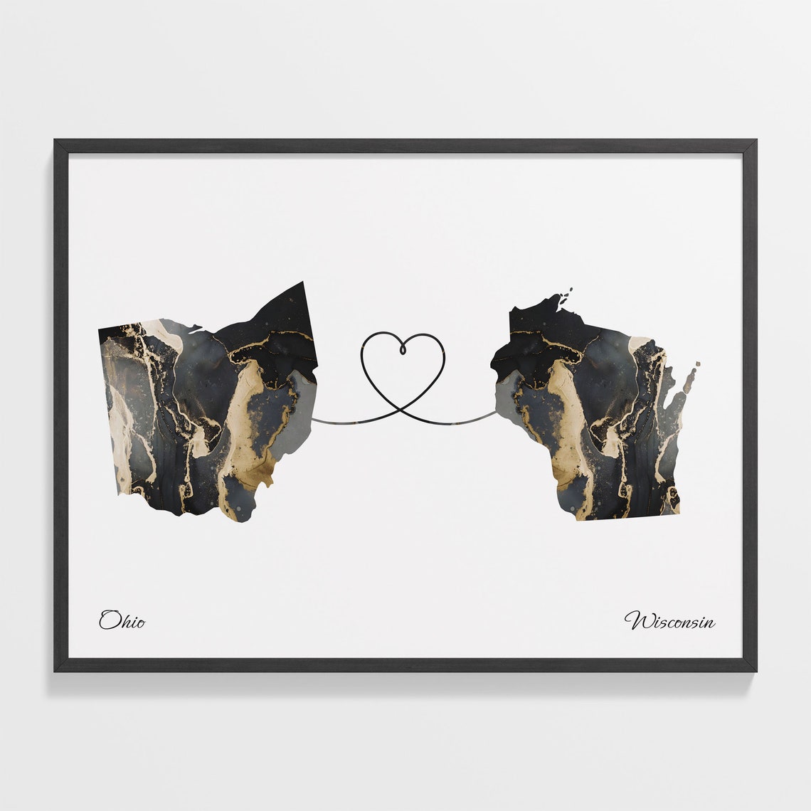 Ohio Wisconsin Long Distance Black Gold Marble Heart Map Poster