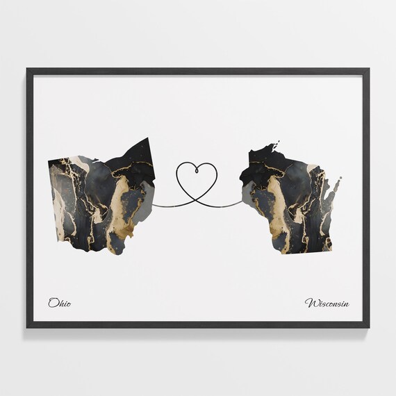 Ohio Wisconsin Long Distance Black Gold Marble Heart Map Poster