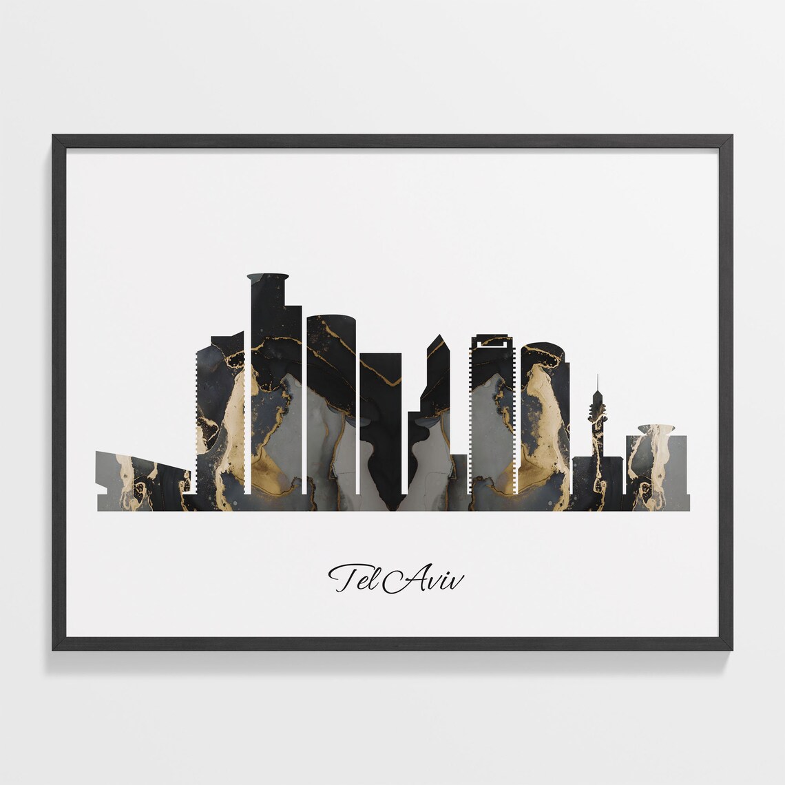 Marble Cityscape Tel Aviv Skyline Israel Black Gold Elegant Art Poster