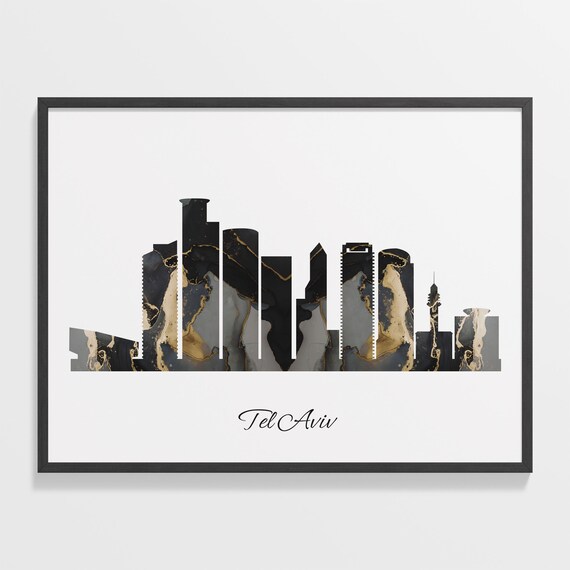 Marble Cityscape Tel Aviv Skyline Israel Black Gold Elegant Art Poster