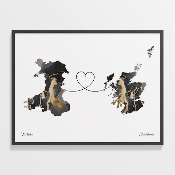 Long Distance Wales to Scotland Heart Connection Marble Map Poster