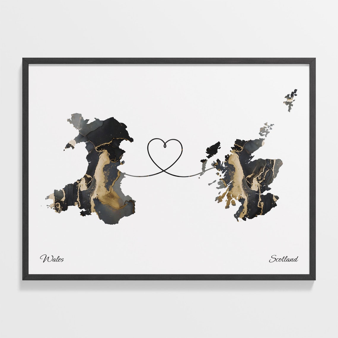 Long Distance Wales to Scotland Heart Connection Marble Map Poster