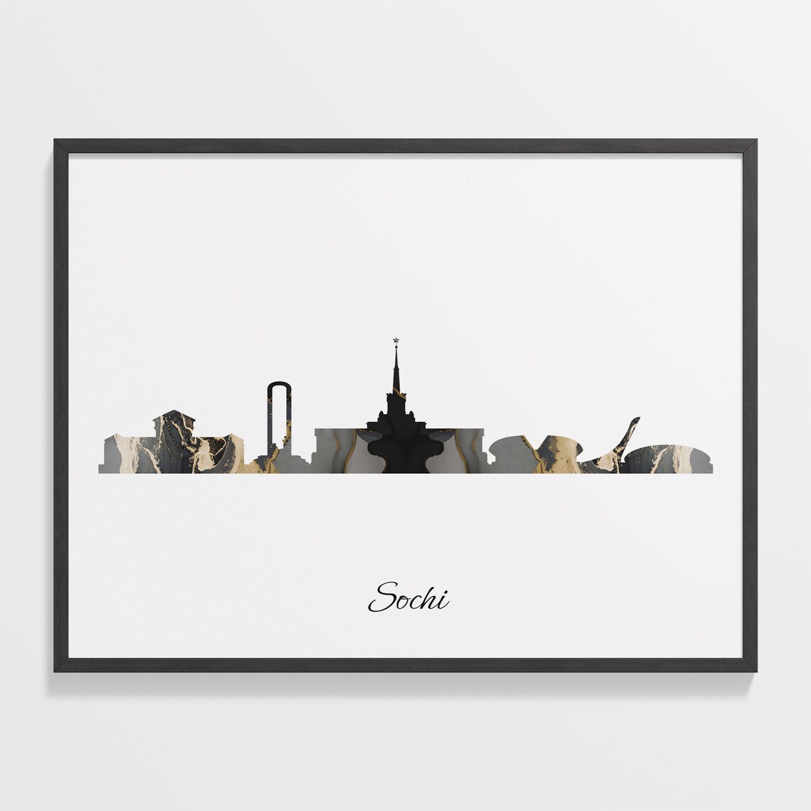 Sochi Russia Black Gold Marble Skyline Silhouette Art Poster