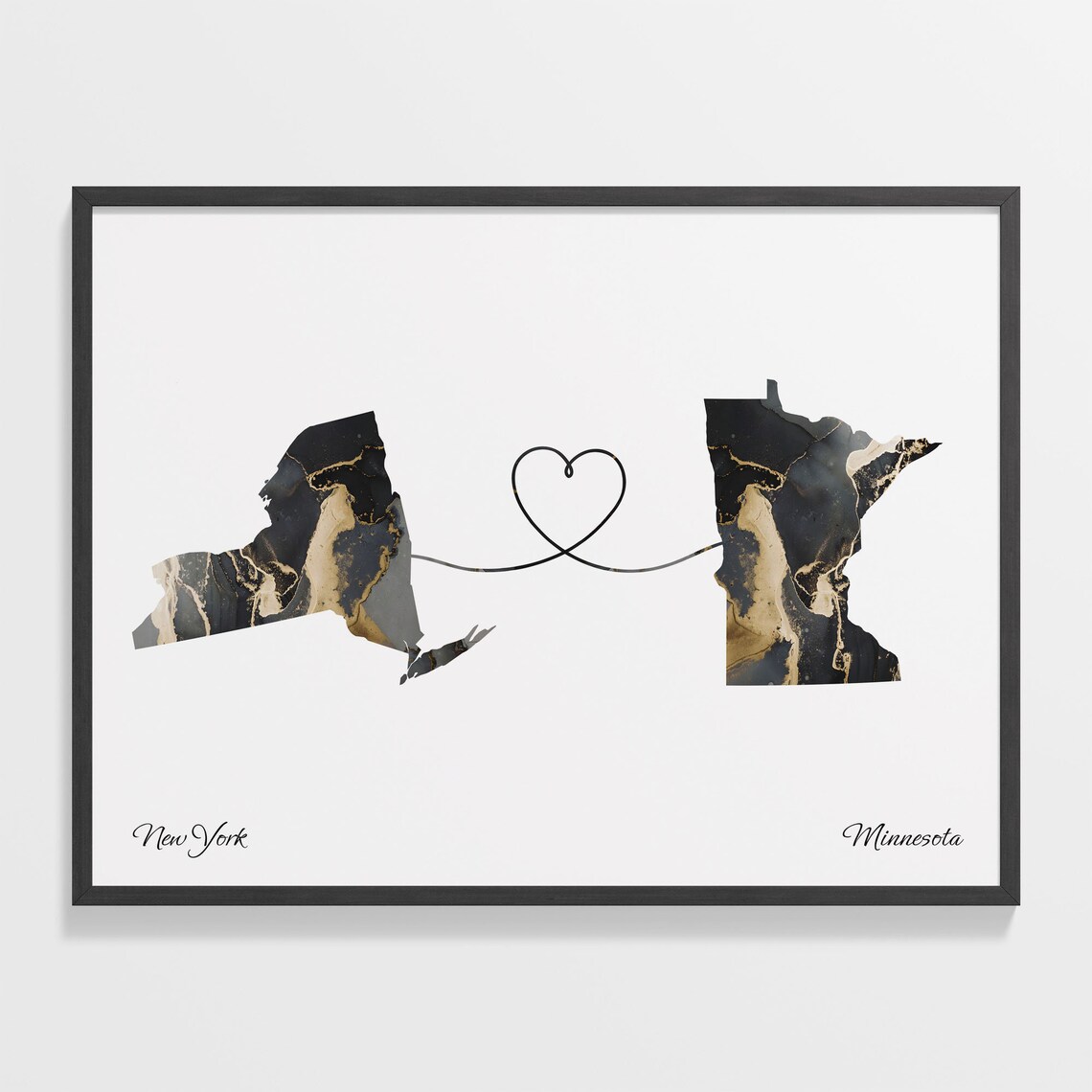 New York to Minnesota Long Distance Love Marble Map Art Poster