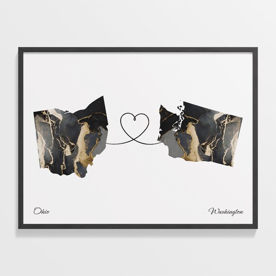 Ohio Washington Long Distance Black Gold Marble Heart Map Poster