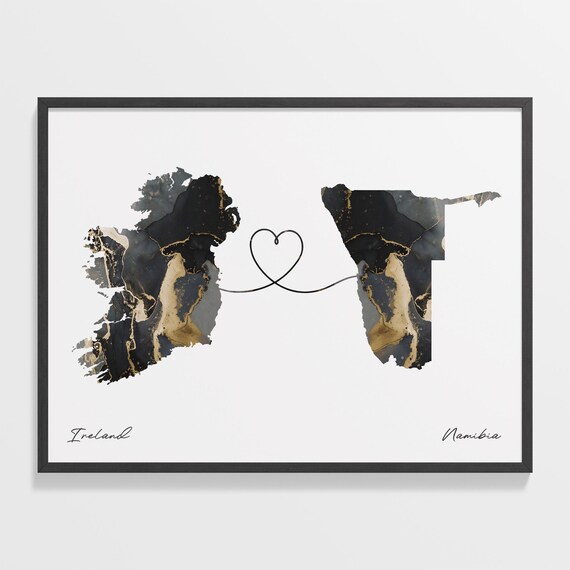 Ireland To Namibia Elegant Black Marble Two Country Heart Map Poster