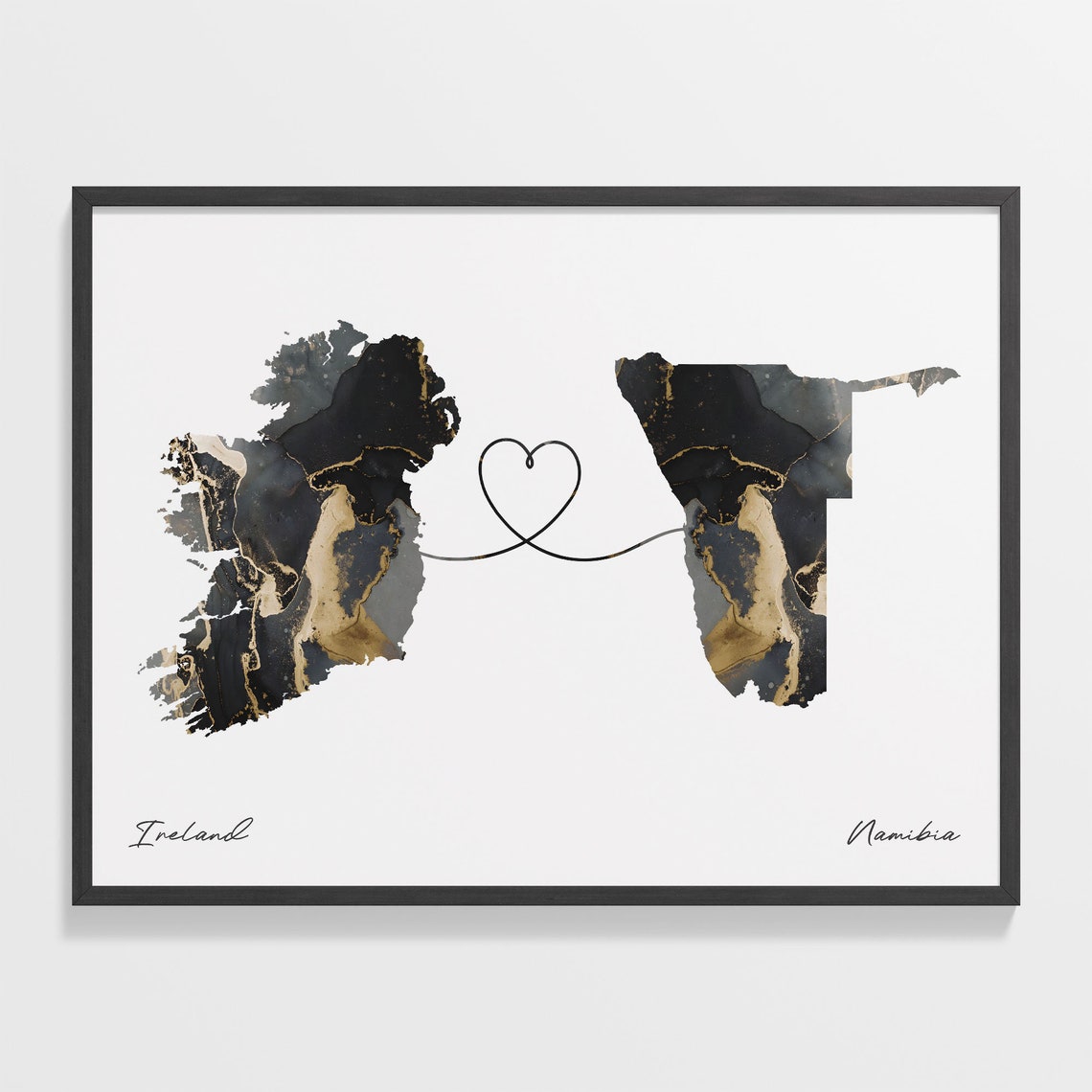 Ireland To Namibia Elegant Black Marble Two Country Heart Map Poster