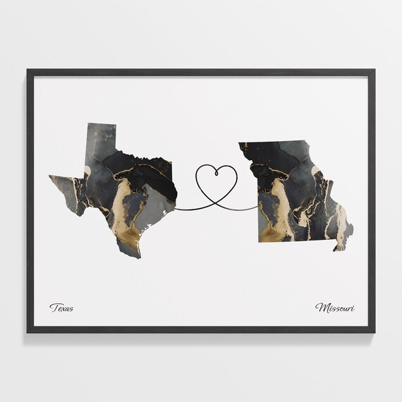 Texas Missouri Long Distance Love Heart Marble Map Gift Poster