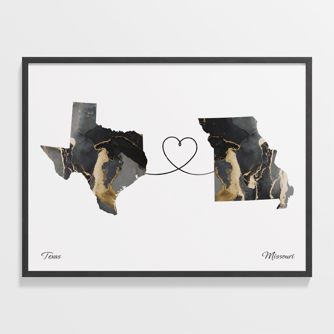 Texas Missouri Long Distance Love Heart Marble Map Gift Poster