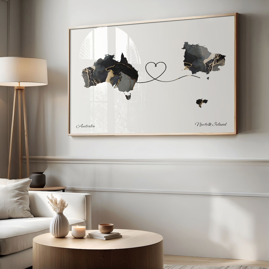 Australia To Norfolk Island Marble Map Heart Poster Long Distance Love Gift - Image 2