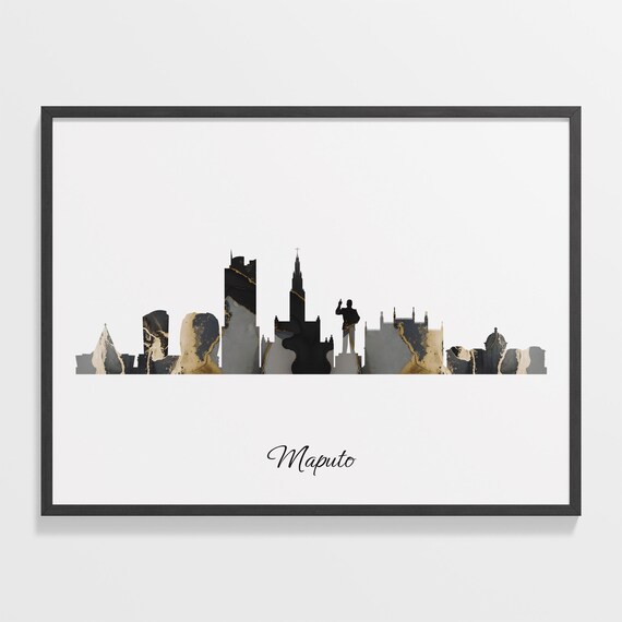 Maputo Mozambique Black Gold Marble Skyline Silhouette Cityscape Poster
