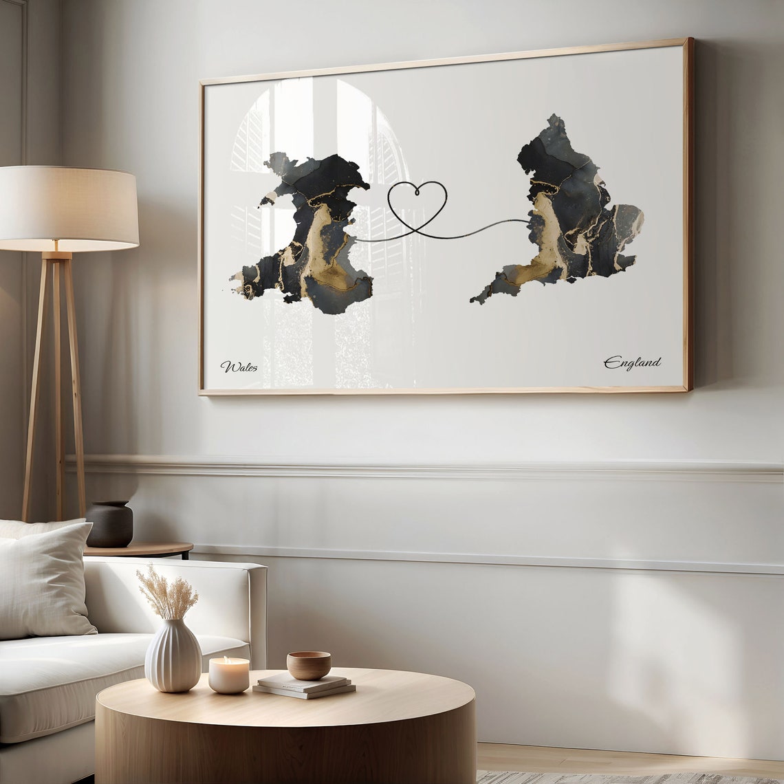 Wales to England Black Gold Marble Map Heart Connection Poster - Image 2