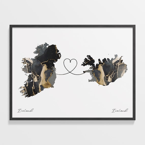 Ireland and Iceland Black Gold Marble Map Heart Connection Poster