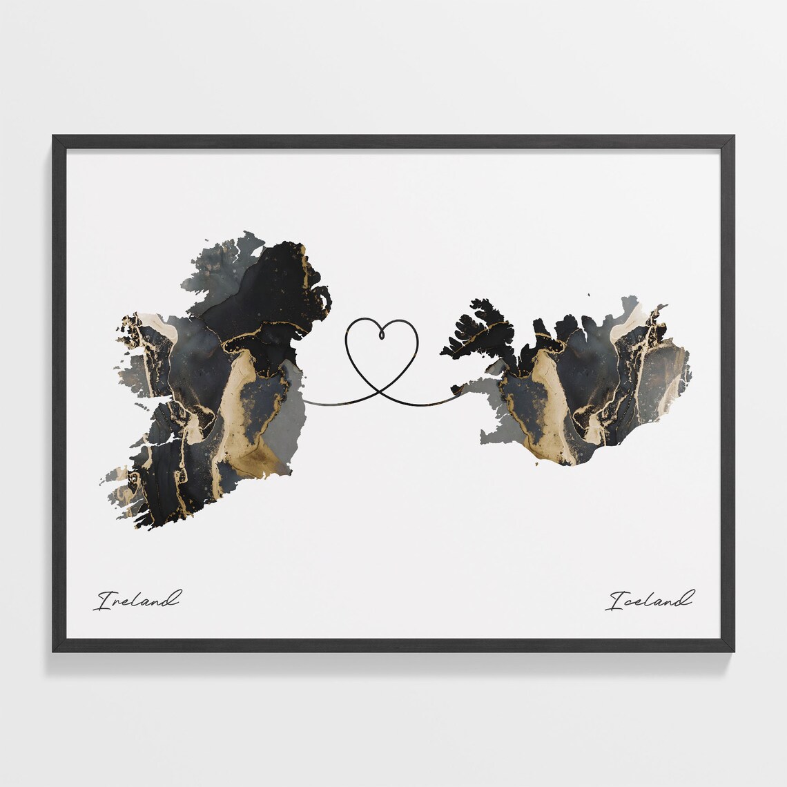 Ireland and Iceland Black Gold Marble Map Heart Connection Poster