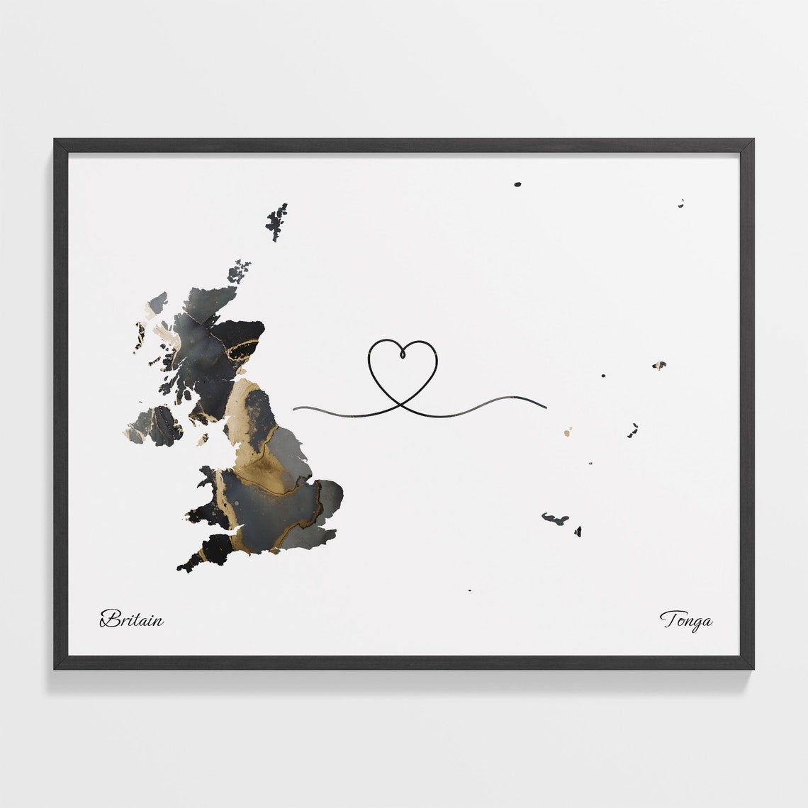 Britain and Tonga Heart Connection Black and Gold Marble Poster