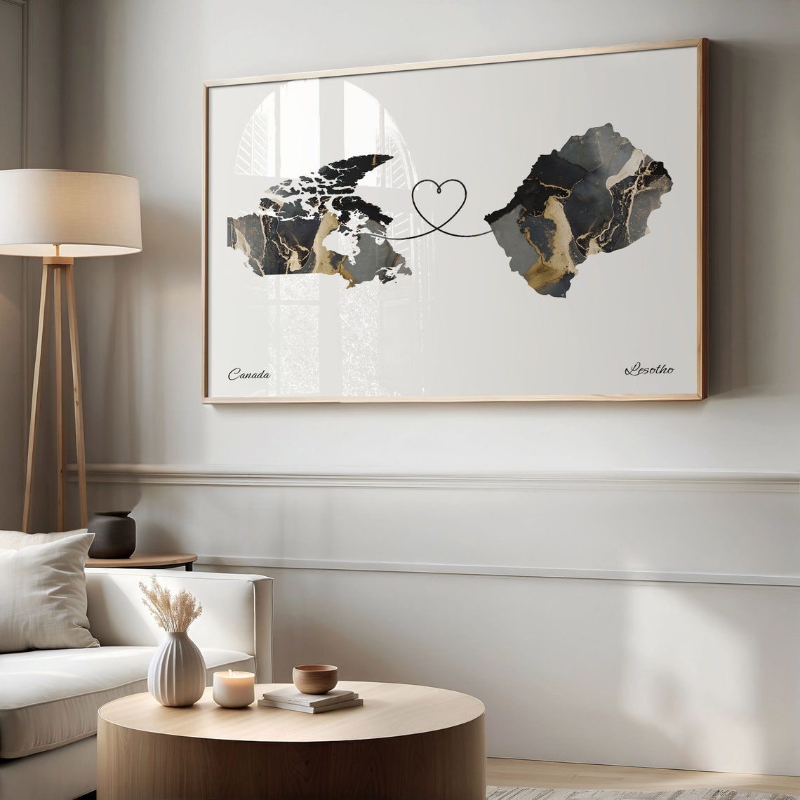 Canada Lesotho Black Gold Marble Map Art Heart Connection Poster - Image 2