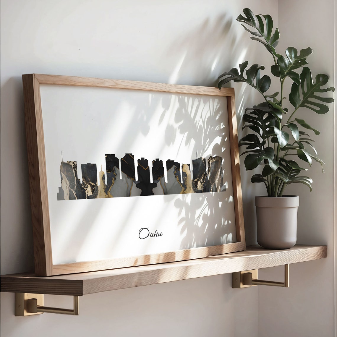 Oahu Hawaii USA Black Gold Marble Skyline Silhouette City Print - Image 3