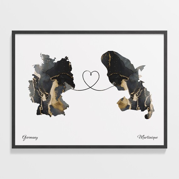 Germany and Martinique Two Countries Black Gold Marble Map Poster