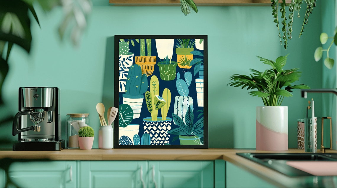 Potted Cactus Houseplants Pattern Navy Folk Art Kitchen Poster