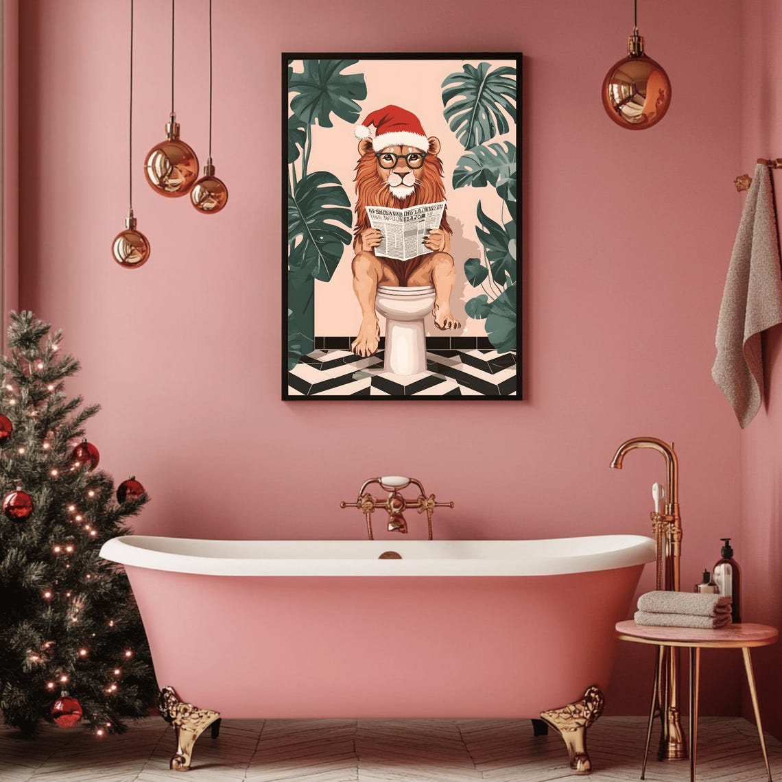 Lion In Santa Hat Reading Newspaper On Tropical Toilet Poster - Image 2
