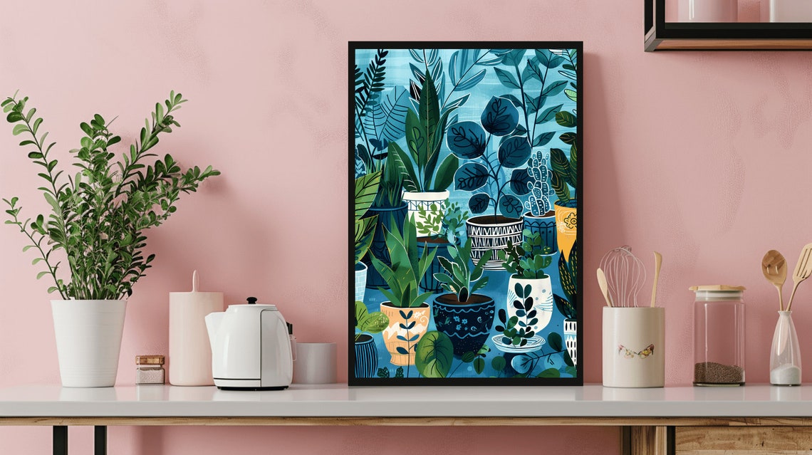 Blue Tonal Houseplant Collection Patterned Pots Jungle Poster