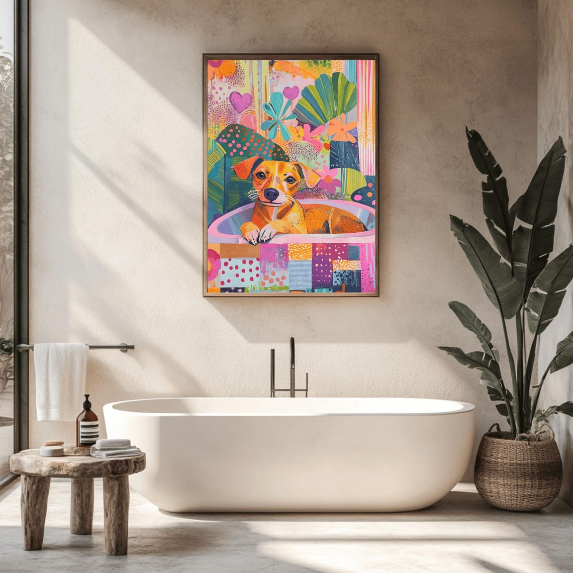 Small Tan Terrier in Pink Bathtub Colorful Pop Art Bathroom Poster - Image 2
