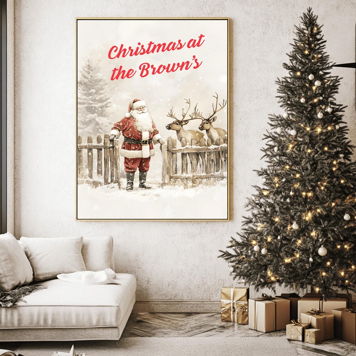 Warm Santa at a Snowy Gate with Reindeer Christmas at the Browns Poster - Image 2