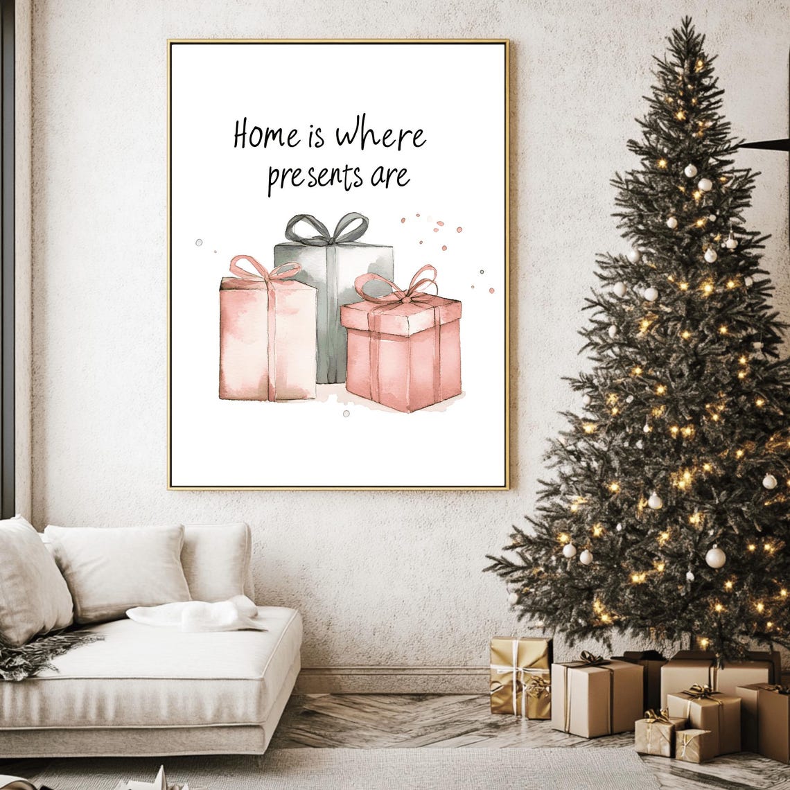 Home Is Where Presents Are Watercolor Gift Boxes Quote Poster - Image 2