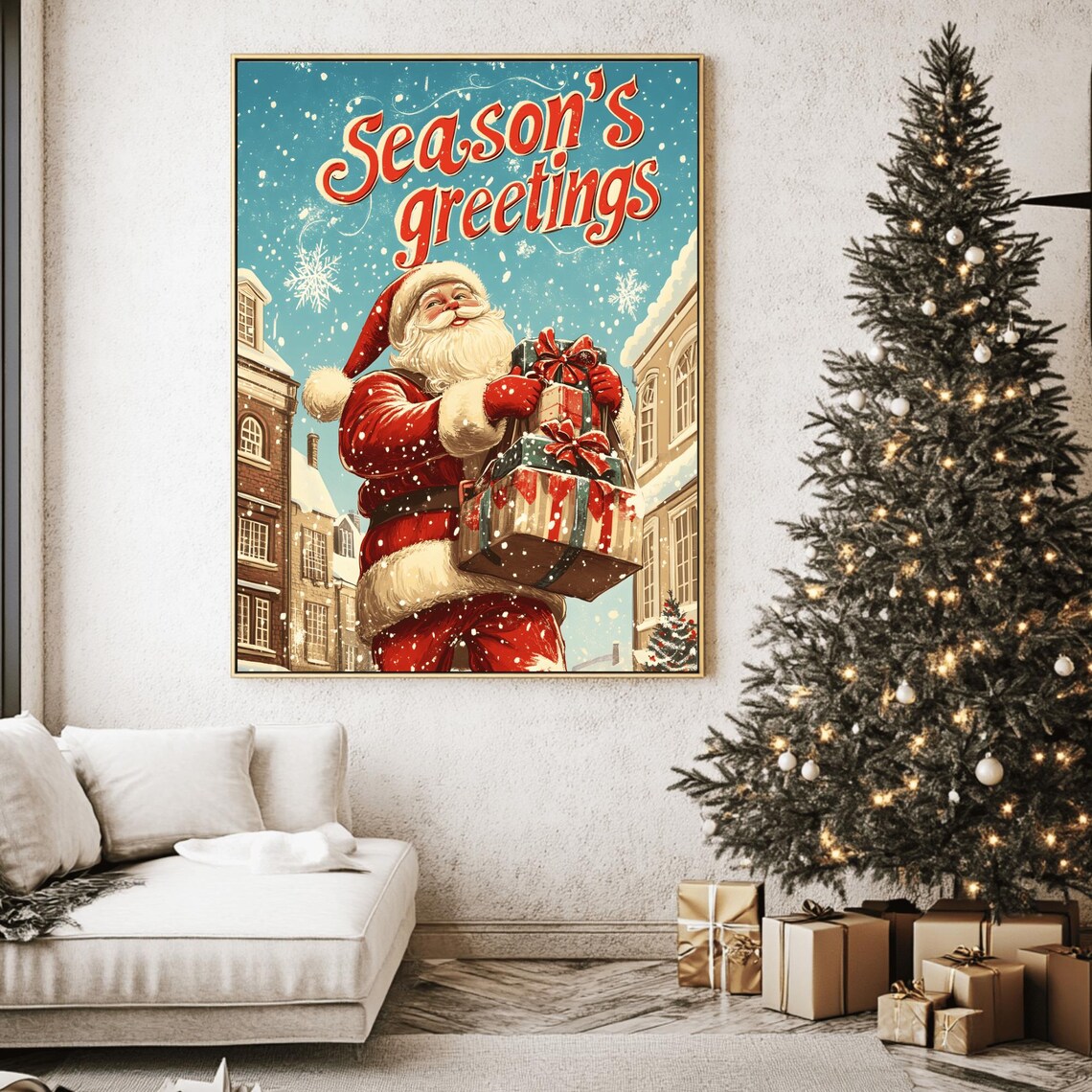 Classic Vintage Santa Climbing a Snowy Rooftop Season's Greetings Poster - Image 2