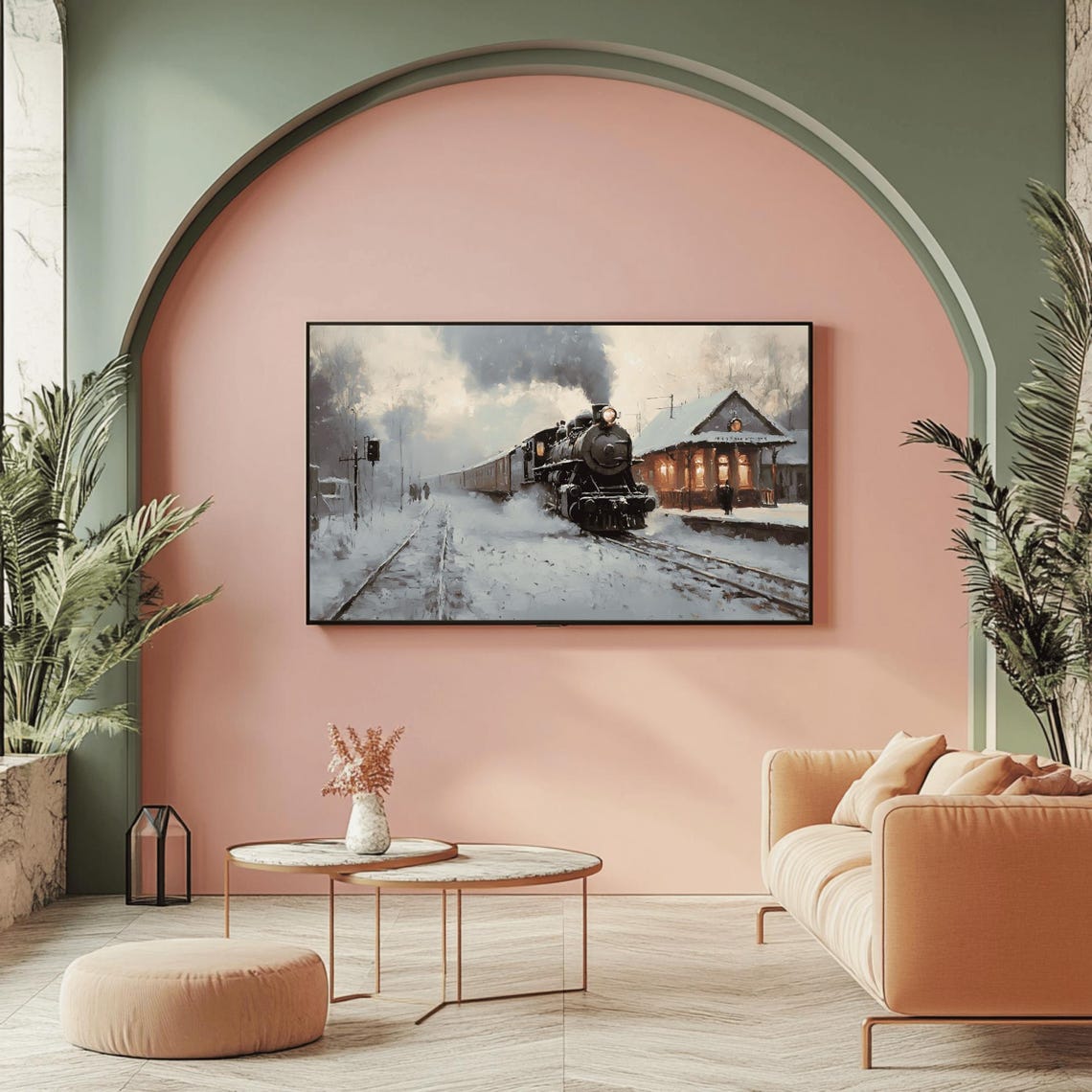 Steam Locomotive At Snowy Vintage Train Station Winter Poster - Image 2