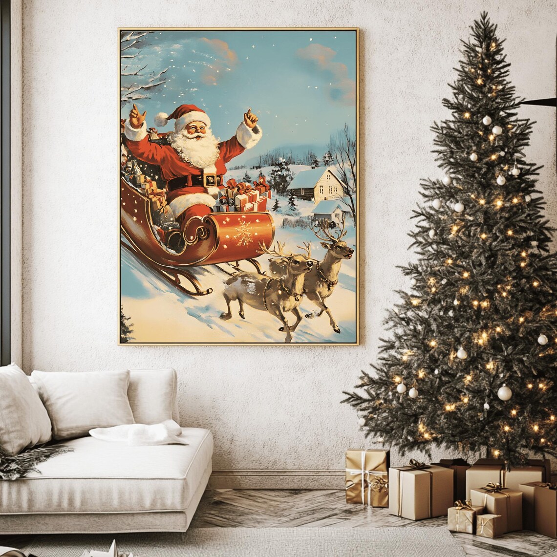 Joyful Vintage Santa Racing His Reindeer-Drawn Sleigh Through Snow Poster - Image 2
