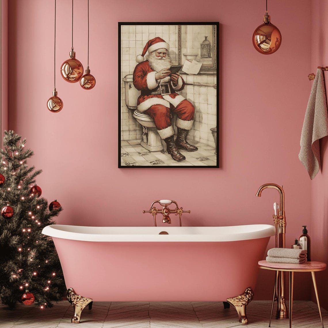 Hilarious Santa Scrolling His Phone on the Toilet Bathroom Poster - Image 3