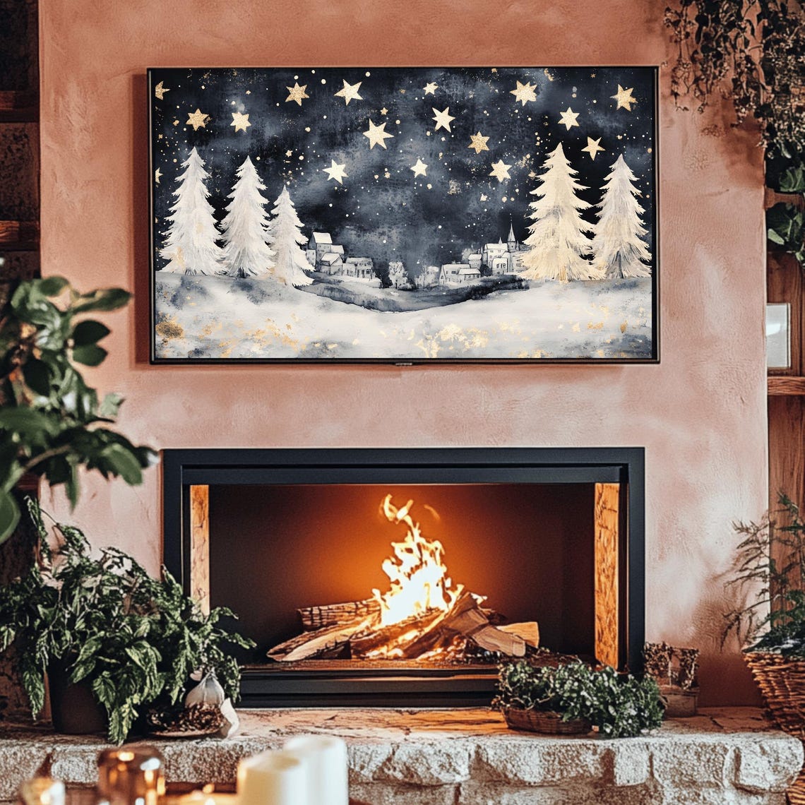 Starry Night Snowy Village White Pine Trees Watercolor Poster - Image 3