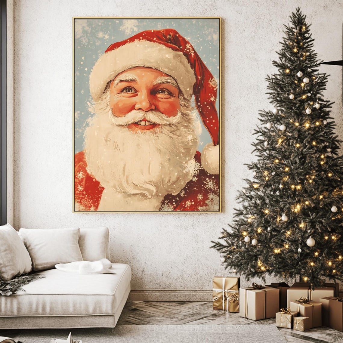 Vintage Winking Santa Claus Portrait Falling Snow Christmas Poster - Image 2