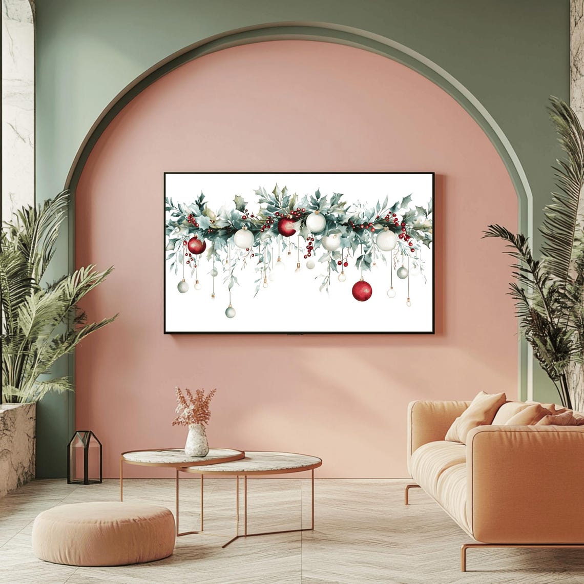 Dense Holly Garland With Dangling Red White Ornaments Poster - Image 2