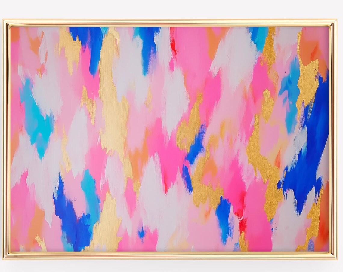 Abstract Pink Blue Gold Brushstroke Painting Modern Colorful Wall Art