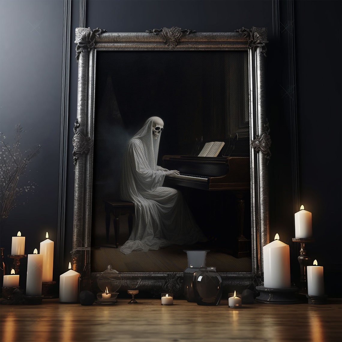 Gothic Ghost Playing Piano Dark Victorian Haunted Oil Painting Poster - Image 3