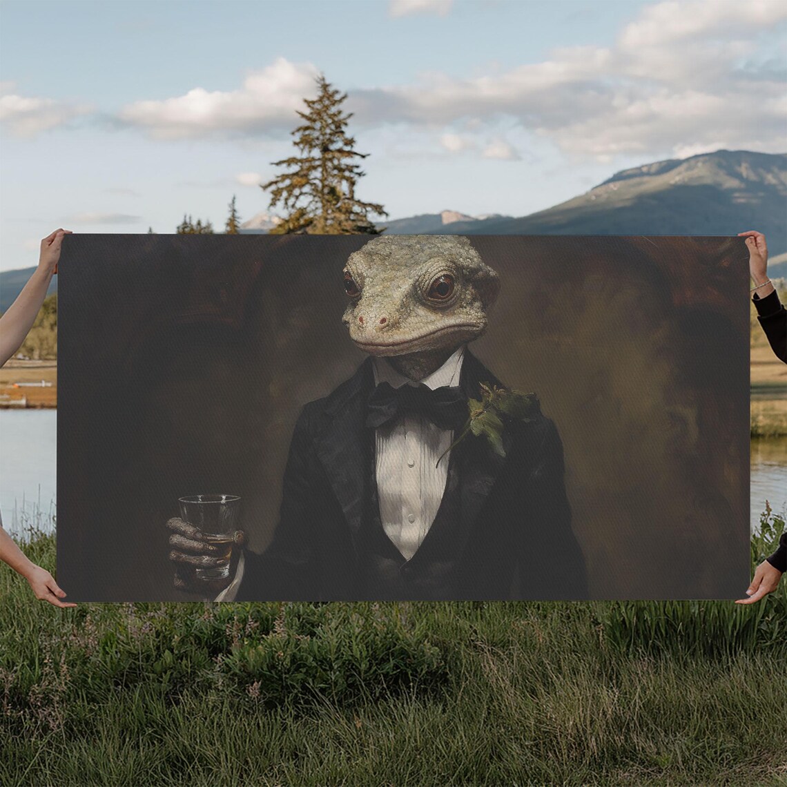Victorian Gecko Businessman Tuxedo Whiskey Portrait Funny Animal Poster