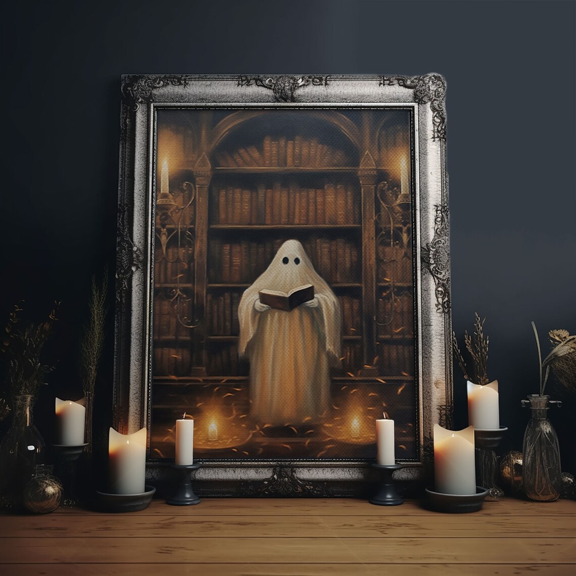 Spooky Ghost Reading A Book, Cute Halloween Art Print