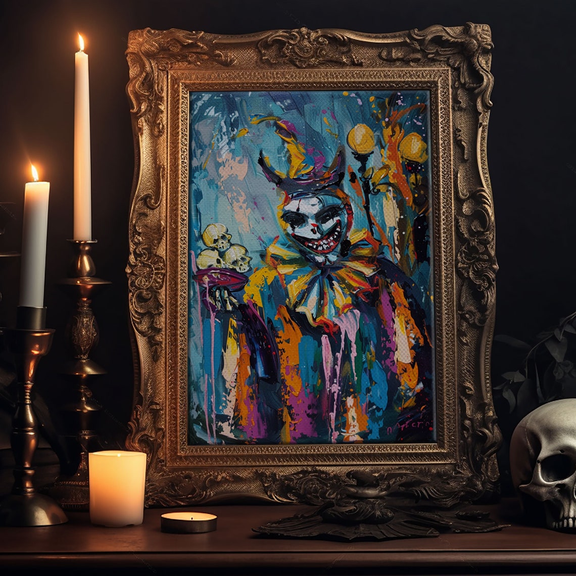 Grinning Horror Clown Skulls Abstract Neon Color Horror Art Poster - Image 6