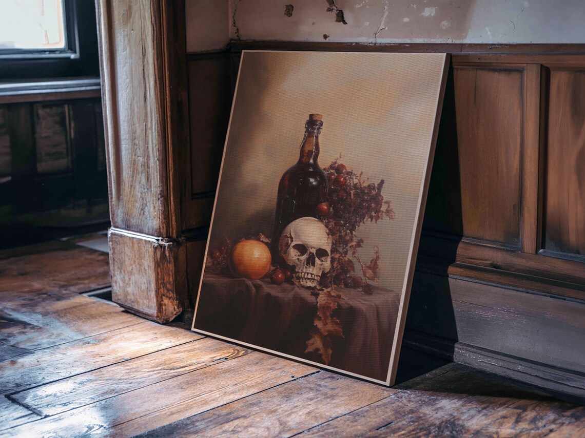 Skull Wine Bottle Fruit Still Life Dark Vanitas Oil Painting Gothic Wall Art - Image 2