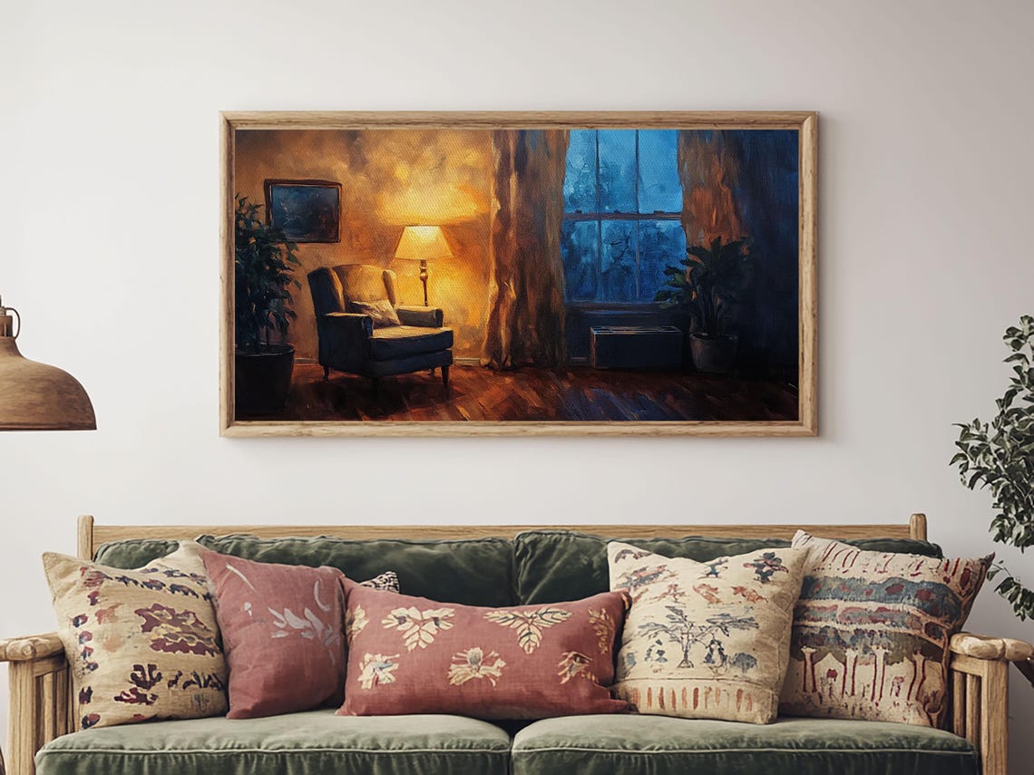 Cozy Armchair By Window Lamp Glow Evening Interior Oil Wall Poster - Image 4
