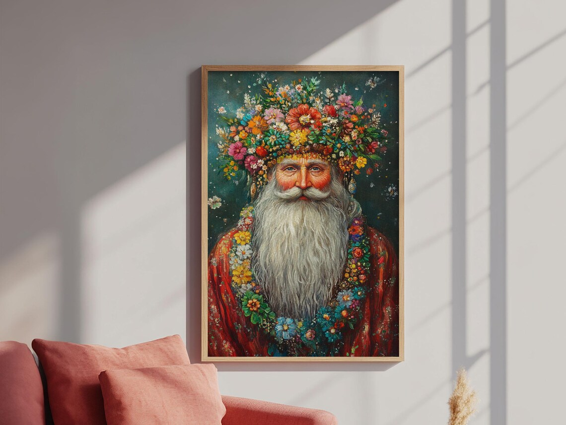 Floral Crown Santa Claus Portrait Vintage Christmas Holiday Art Poster