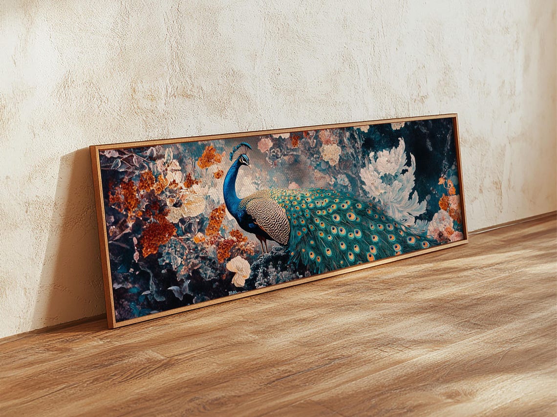 Vibrant Peacock Mosaic Floral Panoramic Living Room Wall Art Poster - Image 6