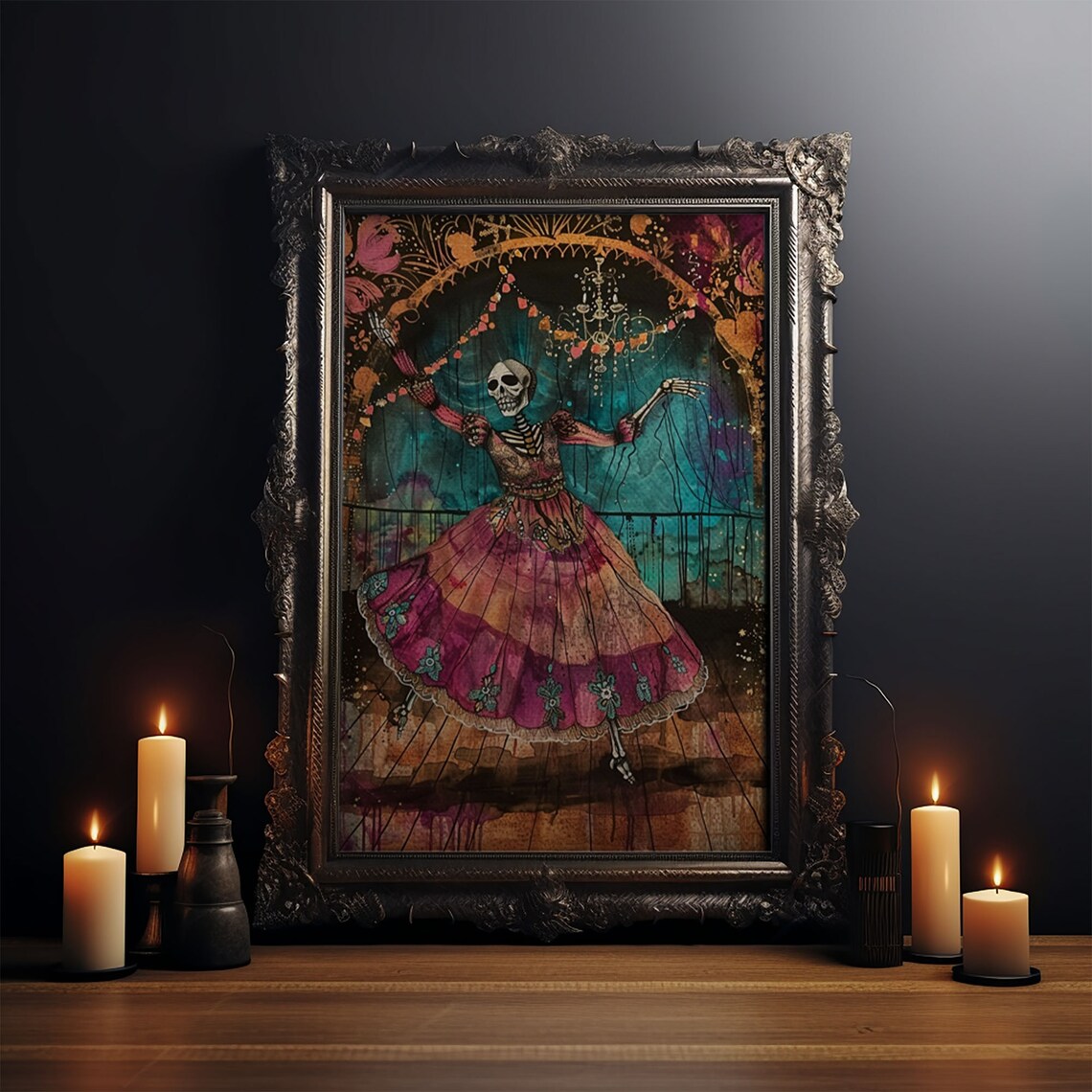 Skeleton Dancer Vibrant Magenta Dress Day Of Dead Art Poster - Image 3