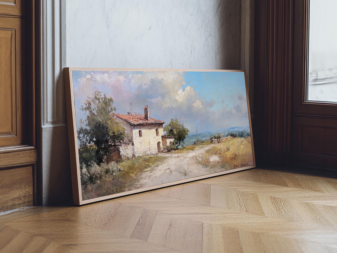 Italian Stone Cottage Red Tile Roof Sunny Field Countryside Oil Painting - Image 5