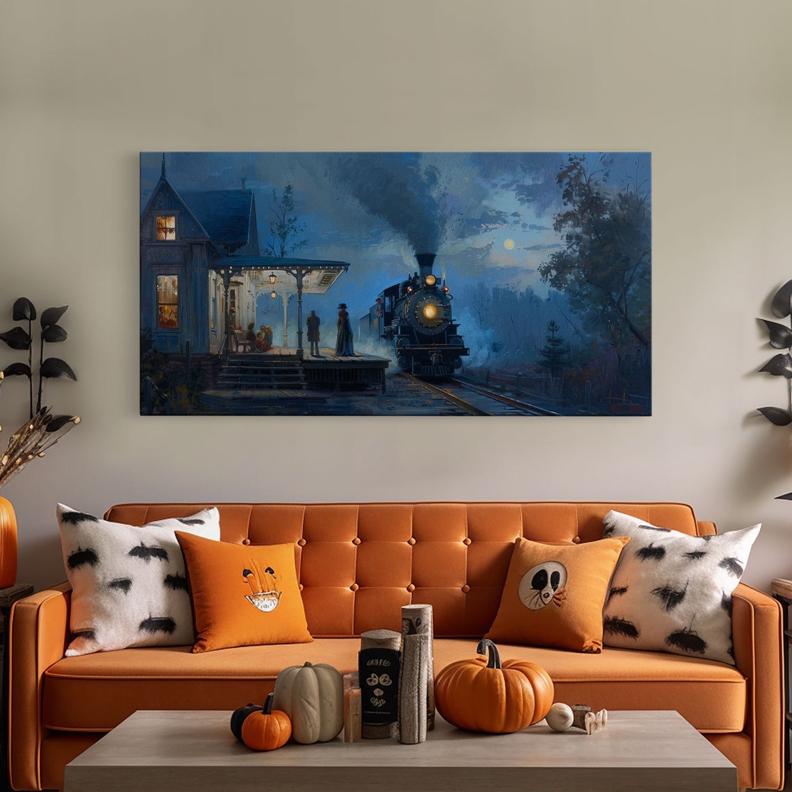 Steam Train Arriving At Moonlit Night Station Spooky Halloween Print - Image 5