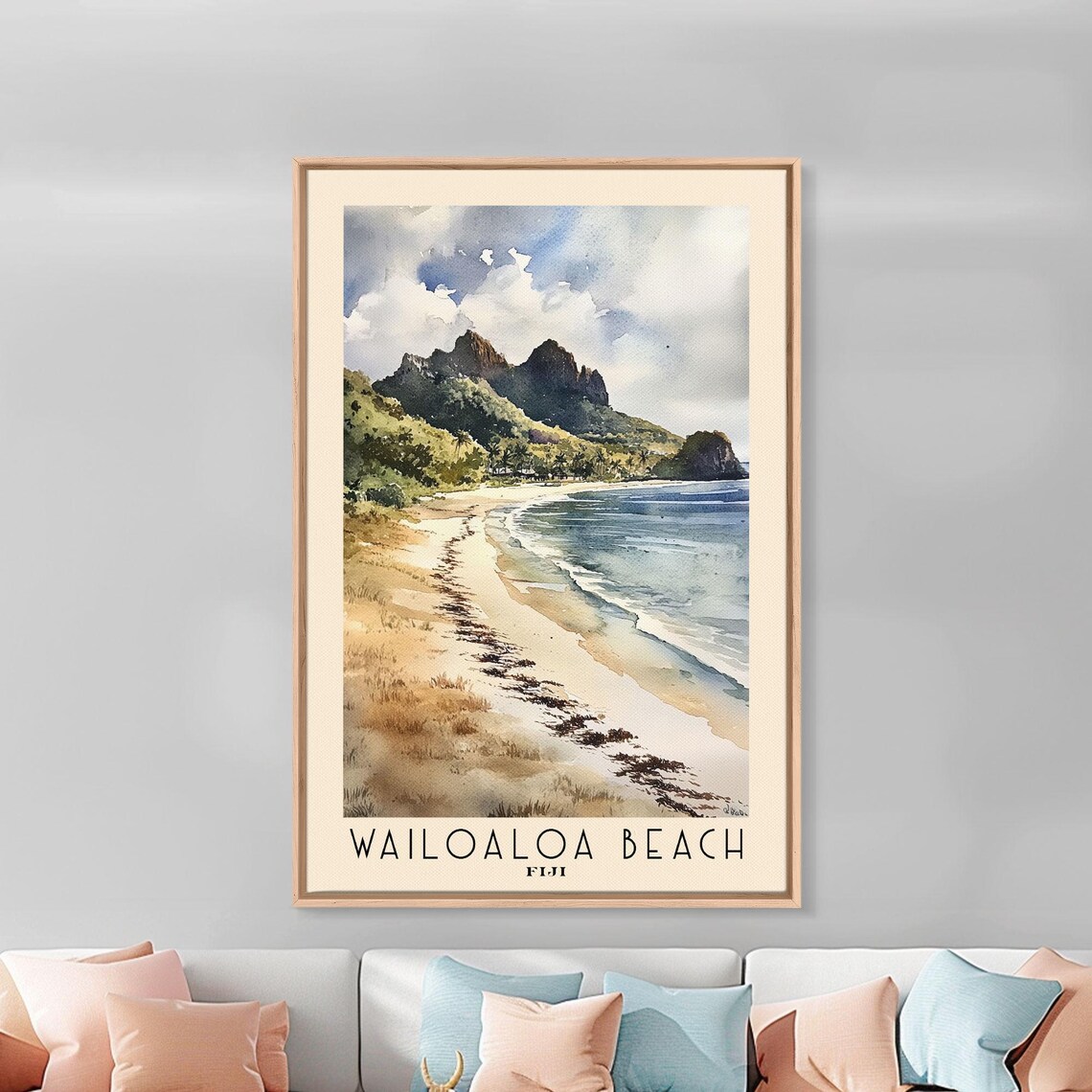 Wailoaloa Beach Fiji Watercolor Mountain Backed Coast Tropical Poster - Image 2