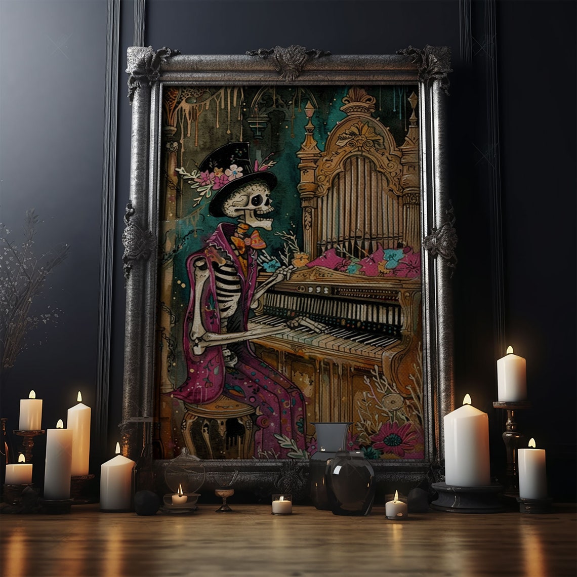 Skeleton Organ Player Flower Top Hat Gothic Church Art Poster - Image 4