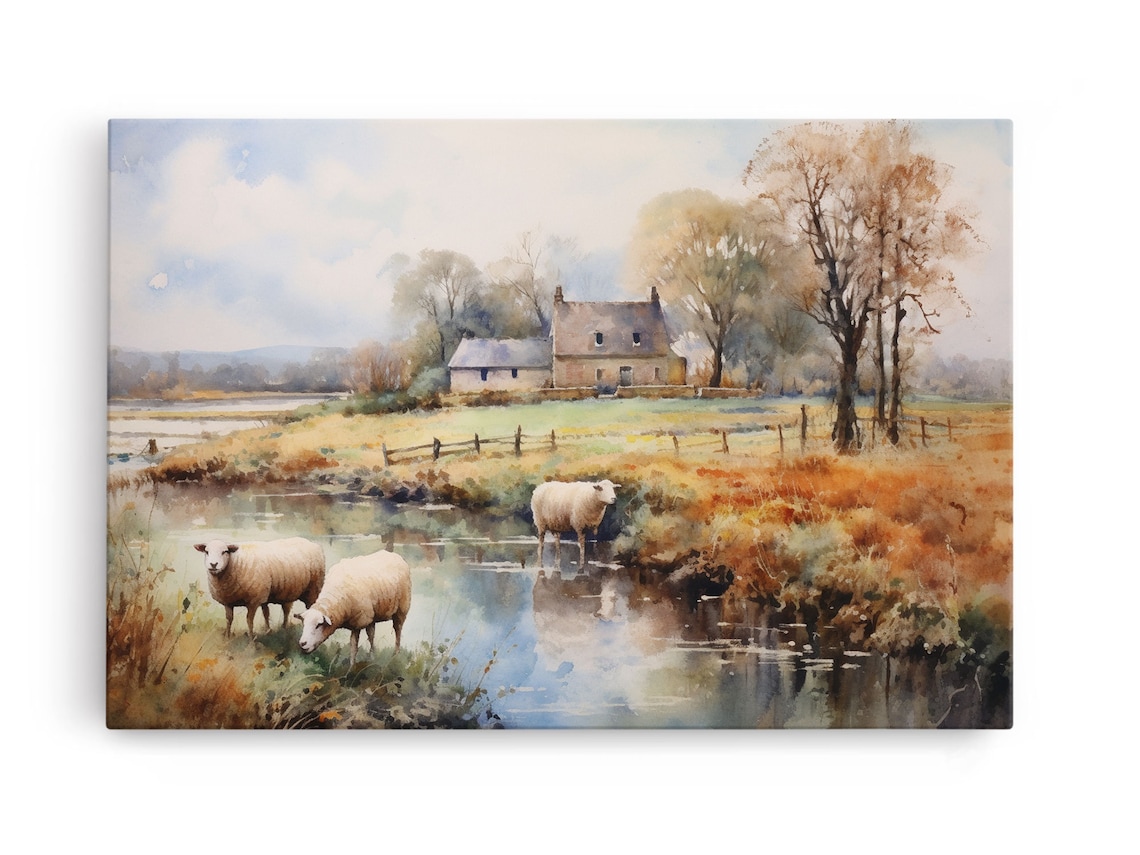Sheep Grazing By The River, Vintage Landscape Art Print